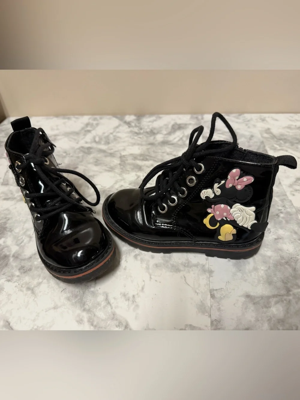 Zara Kids Black Patent Lace-Up Boots with Pink and Yellow Minnie Detail